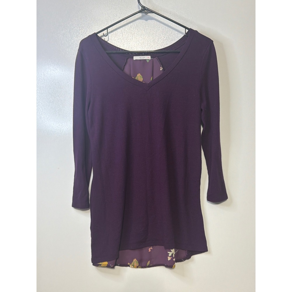 Le Lis Womens V-Neck Tunic Top Purple Floral Chiffon Back Mixed Media Medium